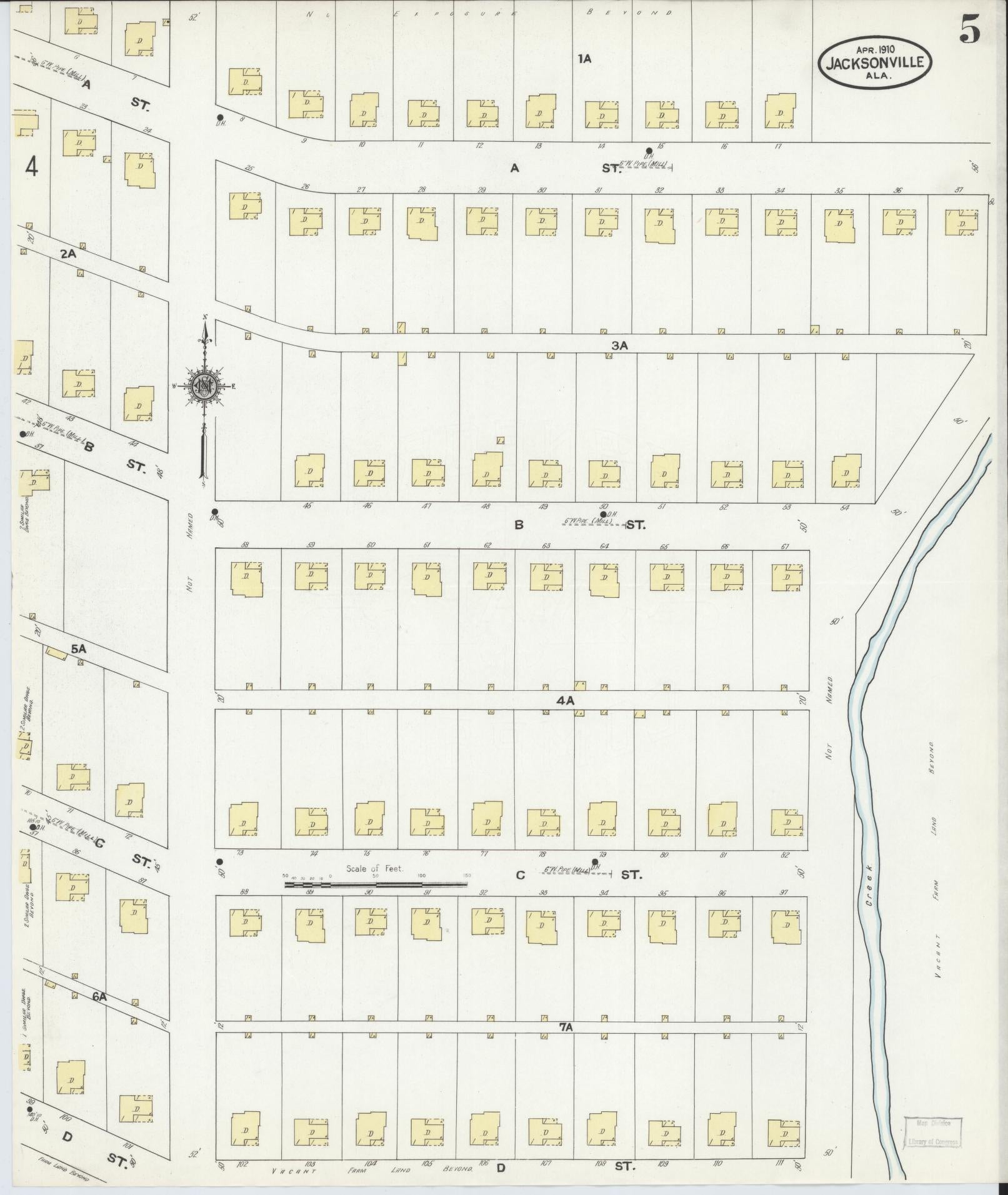Sanborn Fire Insurance Map from Jacksonville, Calhoun County, Alabama (1910), Sheet #0005 - Historic Sanborn Fire Insurance Map Print, vintage old map wall art, antique decor, genealogy gift, Alabama Alabama map