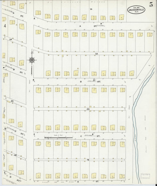 Sanborn Fire Insurance Map from Jacksonville, Calhoun County, Alabama (1910), Sheet #0005 - Historic Sanborn Fire Insurance Map Print, vintage old map wall art, antique decor, genealogy gift, Alabama Alabama map