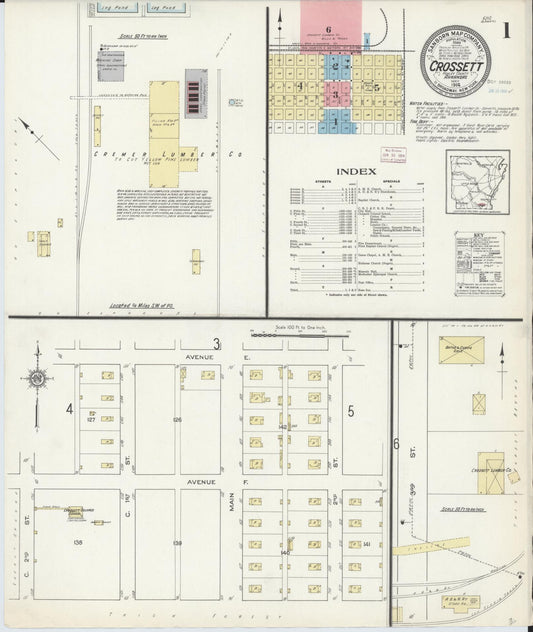 Sanborn Fire Insurance Map from Crossett, Ashley County, Arkansas (1914), Sheet #0001 - Complete Map Set gallery image, historic Sanborn map, vintage wall art, Arkansas Arkansas