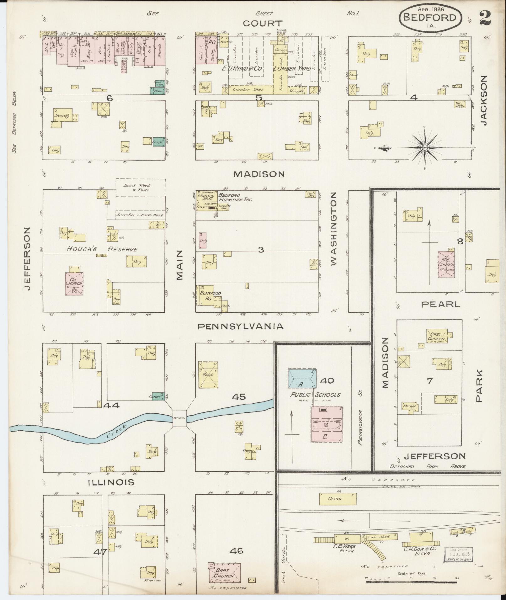 Sanborn Fire Insurance Map from Bedford, Taylor County, Iowa (1886), Sheet #0002 - Historic Sanborn Fire Insurance Map Print, vintage old map wall art