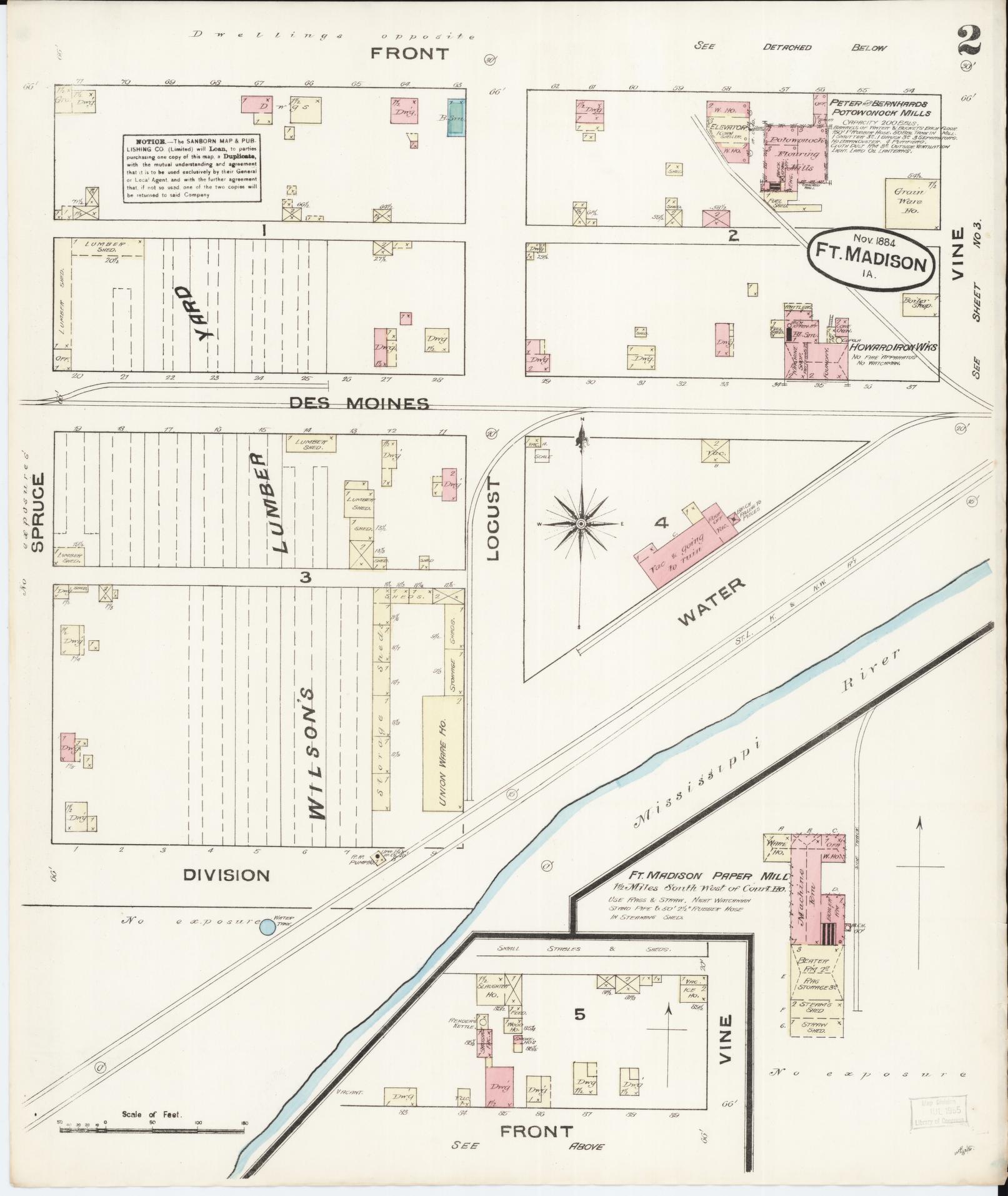 Sanborn Fire Insurance Map from Fort Madison, Lee County, Iowa (1884), Sheet #0002 - Historic Sanborn Fire Insurance Map Print, vintage old map wall art