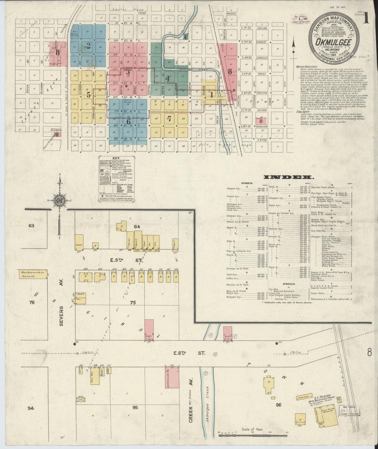 Sanborn Fire Insurance Map from Okmulgee, Okmulgee County, Oklahoma (1911), Sheet #0001 - Complete Map Set gallery image, historic Sanborn map, vintage wall art, Oklahoma Oklahoma