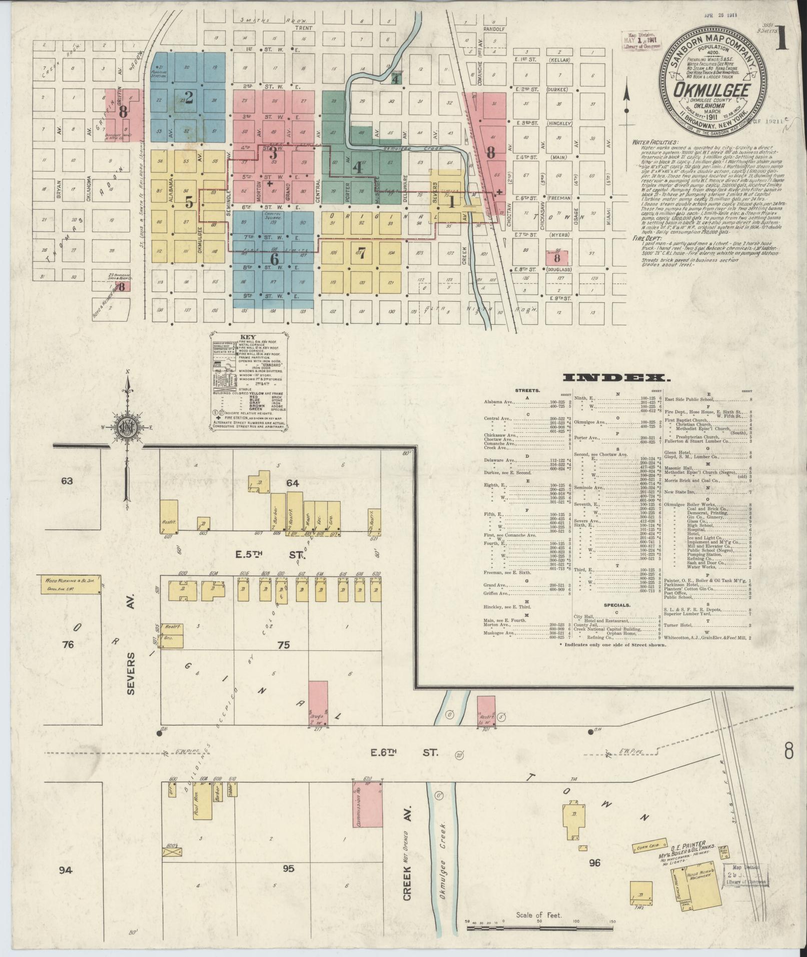 Sanborn Fire Insurance Map from Okmulgee, Okmulgee County, Oklahoma (1911), Sheet #0001 - Complete Map Set gallery image, historic Sanborn map, vintage wall art, Oklahoma Oklahoma