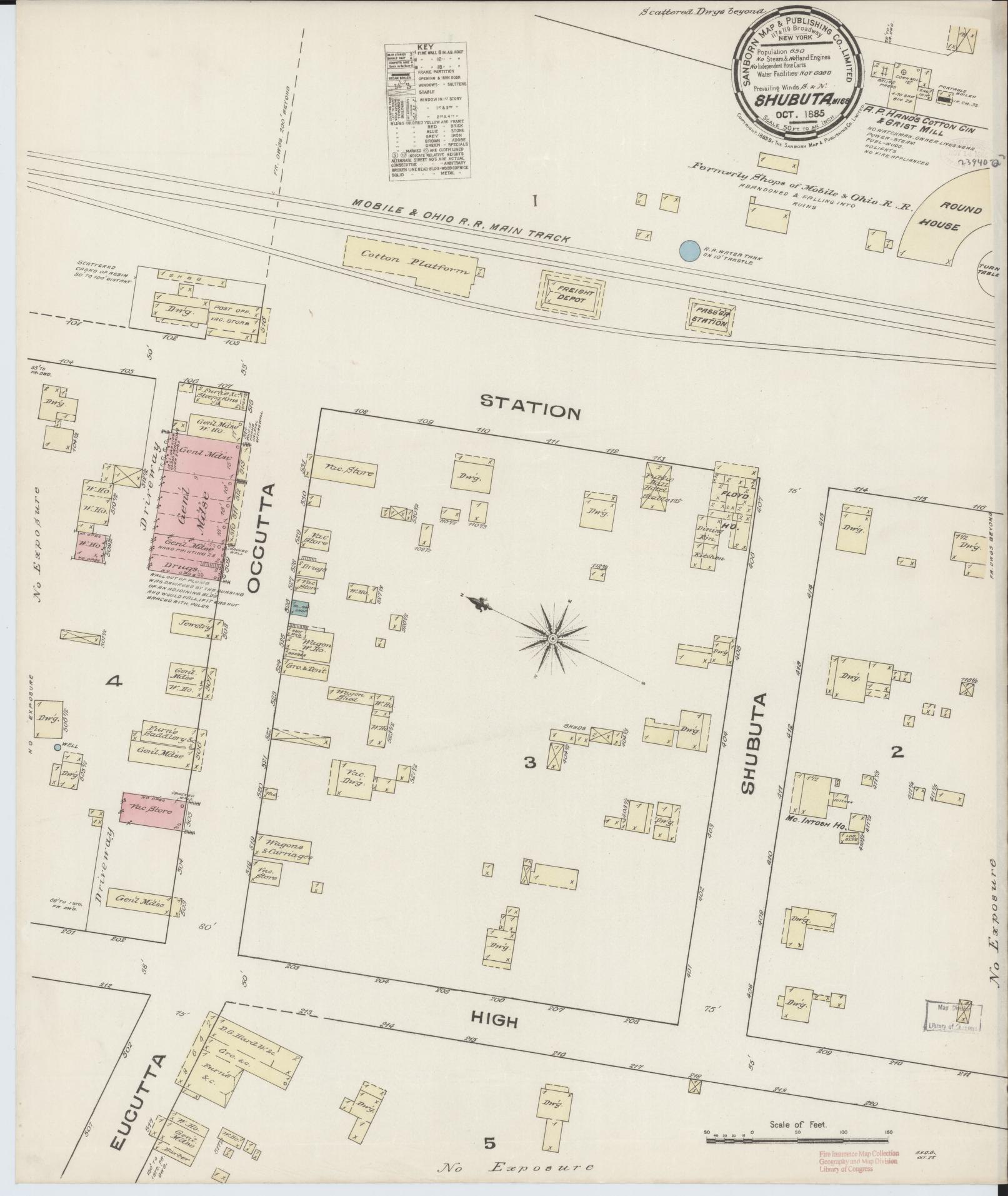 Sanborn Fire Insurance Map from Shubuta, Clarke County, Mississippi (1885), Sheet #0001 - Historic Sanborn Fire Insurance Map Print, vintage old map wall art, antique decor, genealogy gift, Mississippi Mississippi map