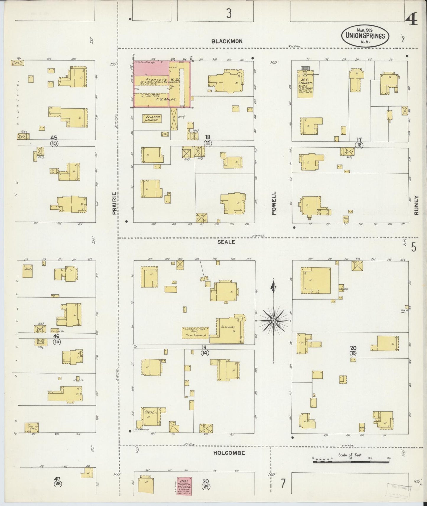Sanborn Fire Insurance Map from Union Springs, Bullock County, Alabama (1903), Sheet #0004 - Historic Sanborn Fire Insurance Map Print, vintage old map wall art, antique decor, genealogy gift, Alabama Alabama map