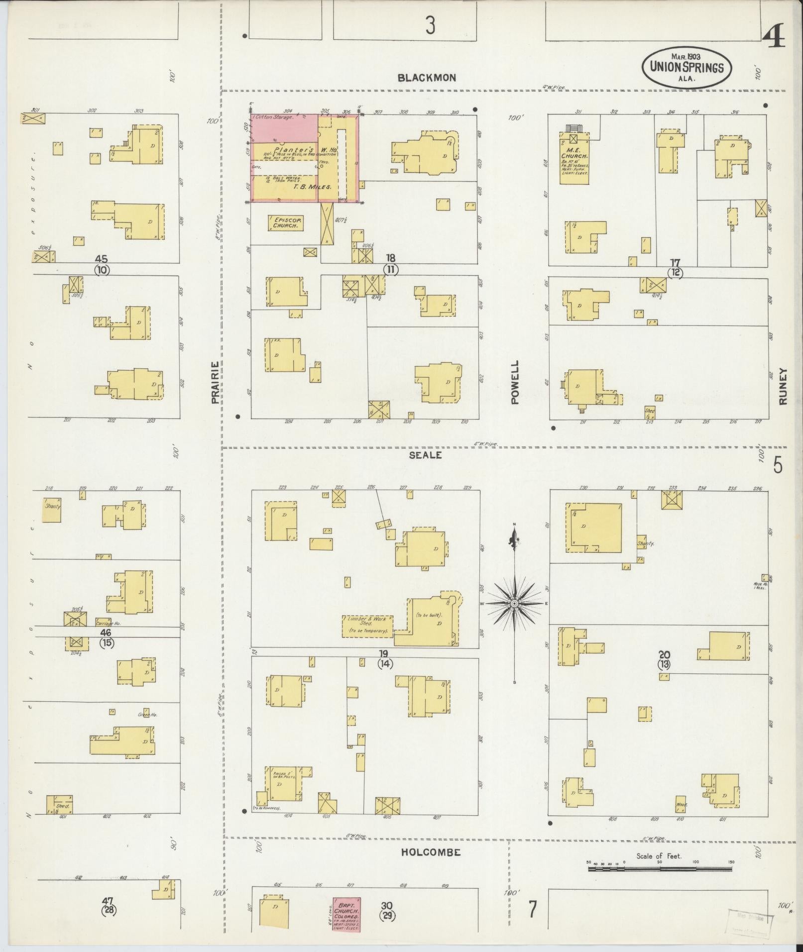 Sanborn Fire Insurance Map from Union Springs, Bullock County, Alabama (1903), Sheet #0004 - Historic Sanborn Fire Insurance Map Print, vintage old map wall art, antique decor, genealogy gift, Alabama Alabama map