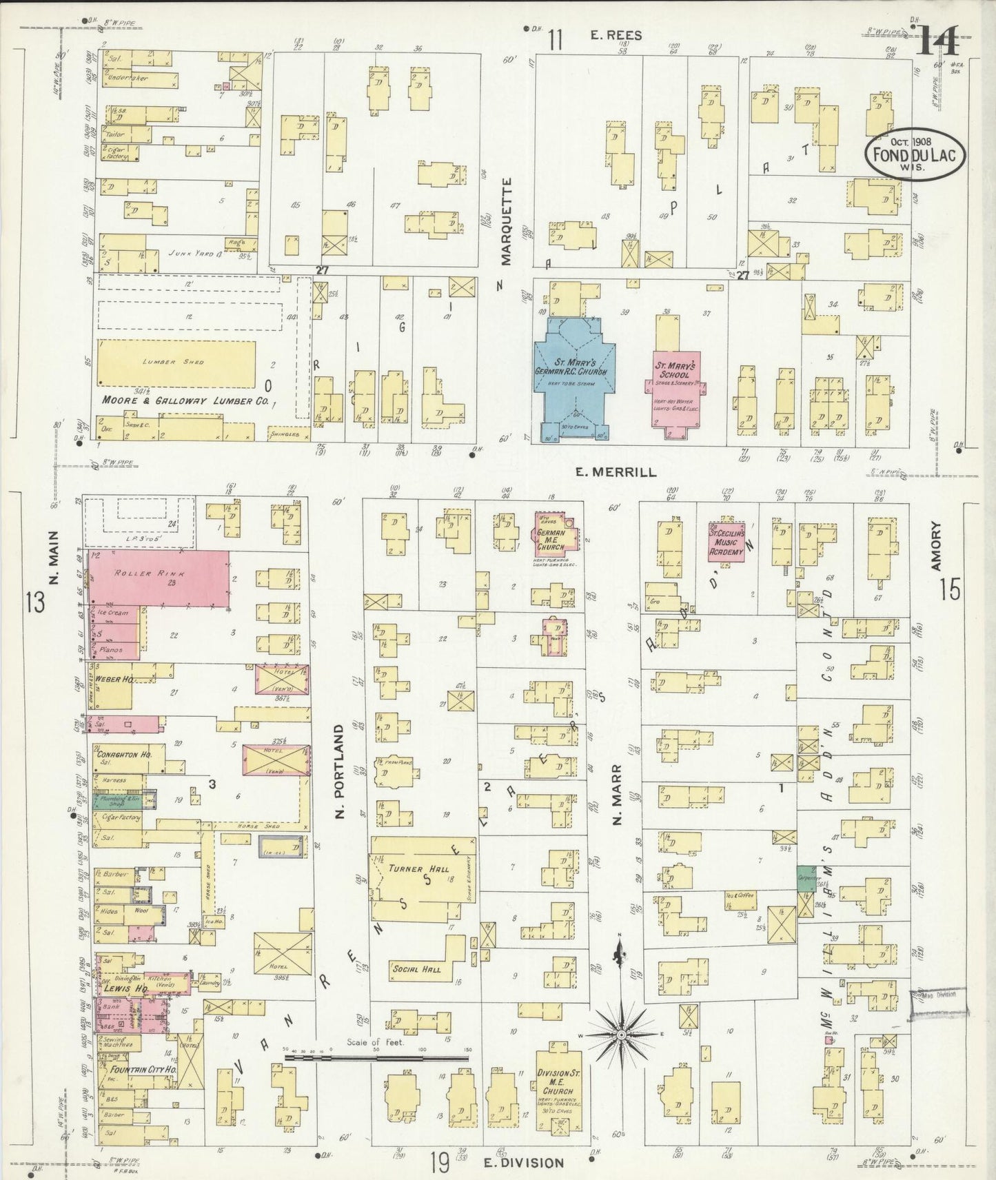 Sanborn Fire Insurance Map from Fond du Lac, Fond du Lac County, Wisconsin (1908), Sheet #0014 - Historic Sanborn Fire Insurance Map Print, vintage old map wall art, antique decor, genealogy gift, Wisconsin Wisconsin map