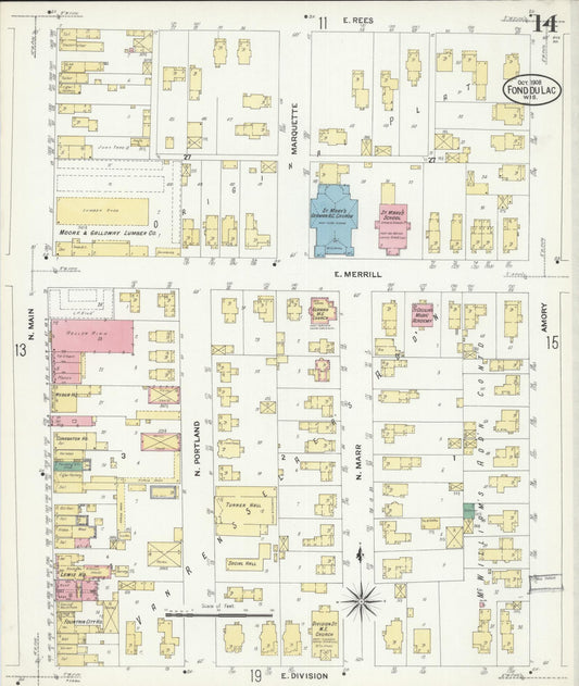 Sanborn Fire Insurance Map from Fond du Lac, Fond du Lac County, Wisconsin (1908), Sheet #0014 - Historic Sanborn Fire Insurance Map Print, vintage old map wall art, antique decor, genealogy gift, Wisconsin Wisconsin map