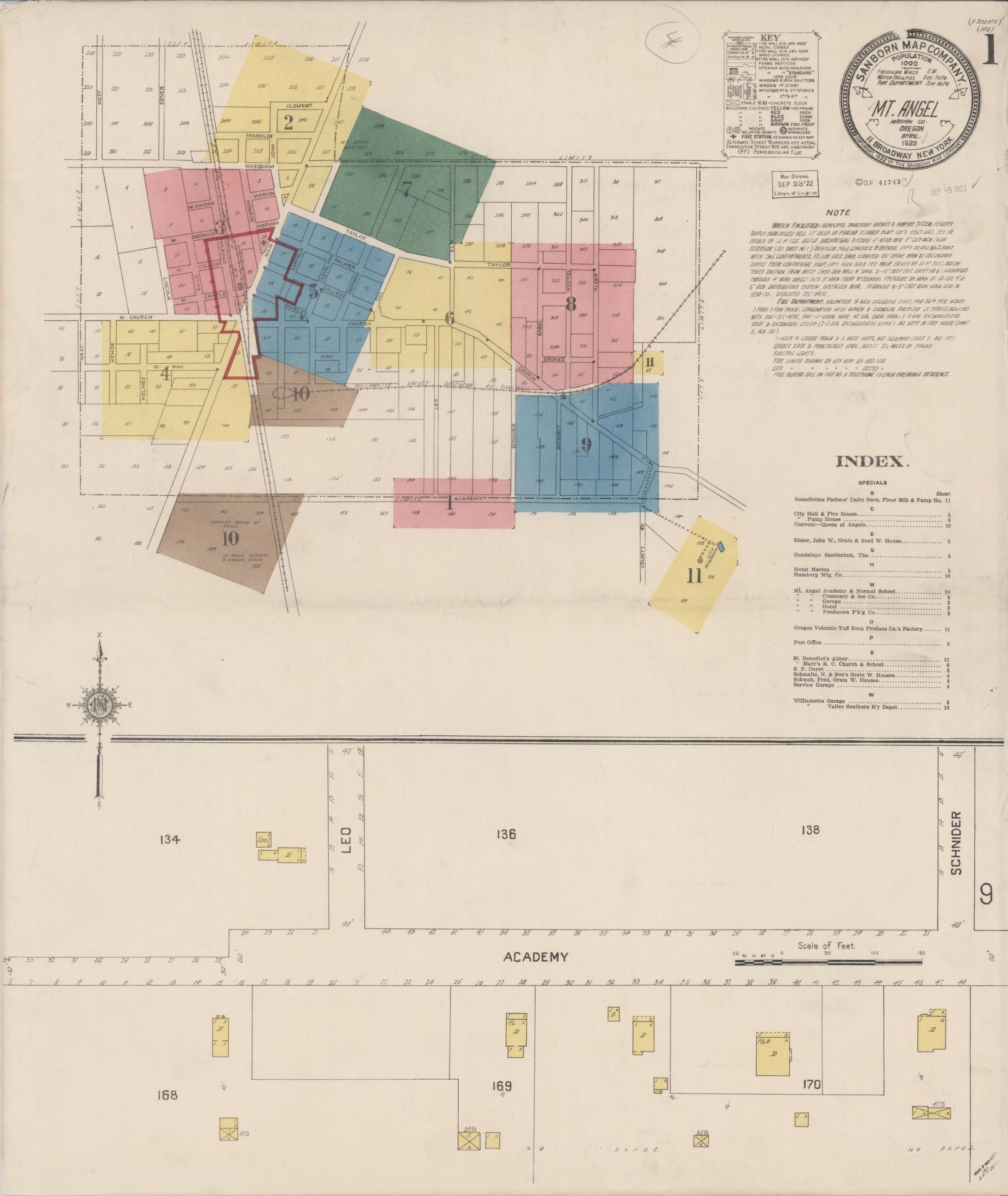 Sanborn Fire Insurance Map from Mount Angel, Marion County, Oregon (1922), Sheet #0001 - Complete Map Set gallery image, historic Sanborn map, vintage wall art, Oregon Oregon