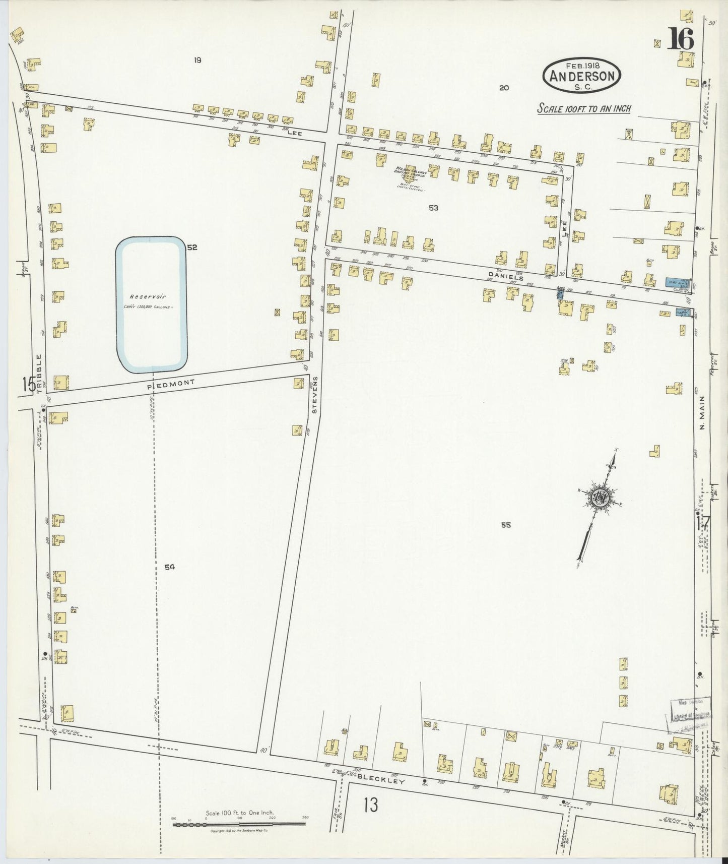 Sanborn Fire Insurance Map from Anderson, Anderson County, South Carolina (1918), Sheet #0016 - Historic Sanborn Fire Insurance Map Print, vintage old map wall art, antique decor, genealogy gift, South Carolina South Carolina map