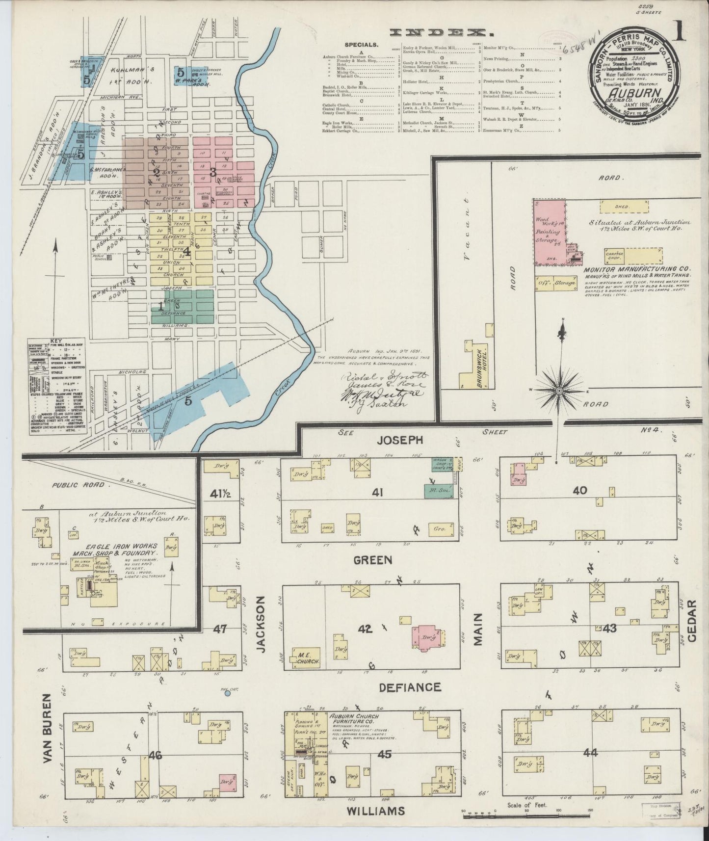 Sanborn Fire Insurance Map from Auburn, De Kalb County, Indiana (1891), Sheet #0001 - Historic Sanborn Fire Insurance Map Print, vintage old map wall art, antique decor, genealogy gift, Indiana Indiana map