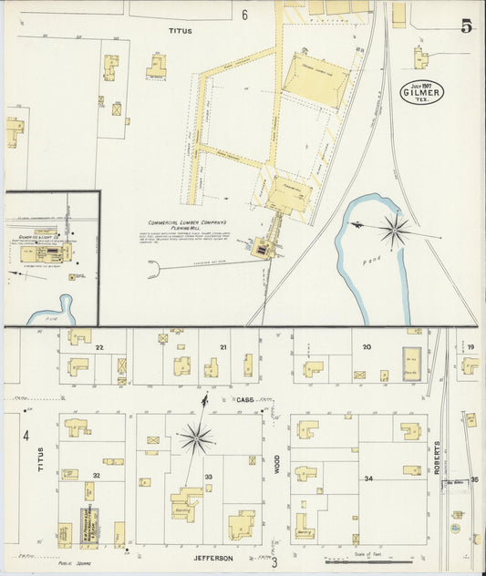 Sanborn Fire Insurance Map from Gilmer, Upshur County, Texas (1907), Sheet #0005 - Historic Sanborn Fire Insurance Map Print, vintage old map wall art, antique decor, genealogy gift, Texas Texas map