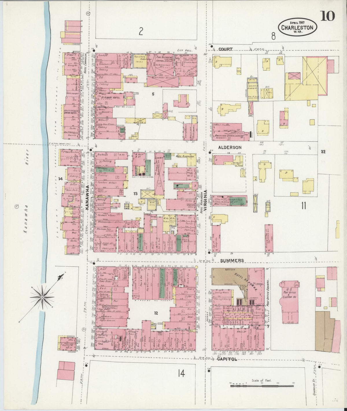 Sanborn Fire Insurance Map from Charleston, Kanawha County, West Virginia (1907), Sheet #0010 - Historic Sanborn Fire Insurance Map Print, vintage old map wall art, antique decor, genealogy gift, West Virginia West Virginia map