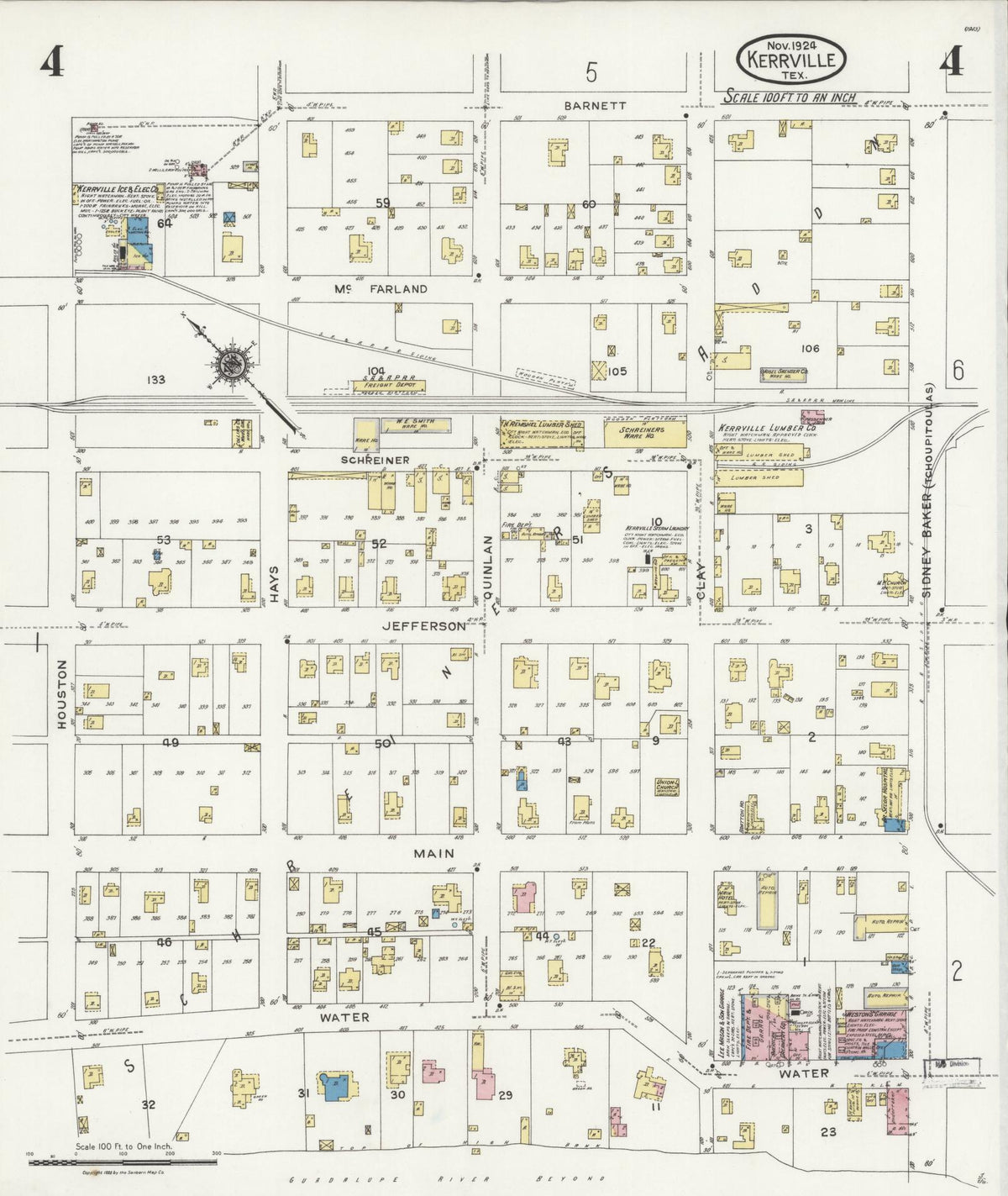 Sanborn Fire Insurance Map from Kerrville, Kerr County, Texas (1924), Sheet #0004 - Complete Map Set gallery image, historic Sanborn map, vintage wall art, Texas Texas