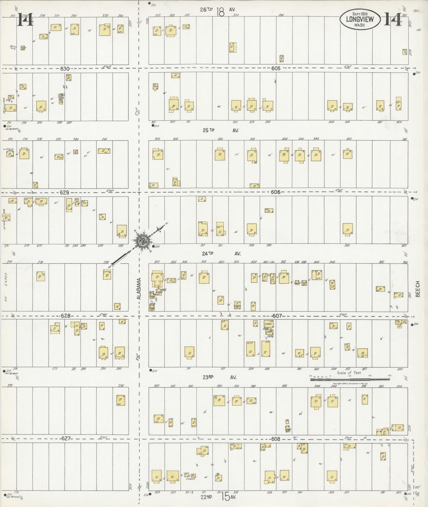 Sanborn Fire Insurance Map from Longview, Cowlitz County, Washington (1924), Sheet #0014 - Complete Map Set gallery image, historic Sanborn map, vintage wall art, Washington Washington