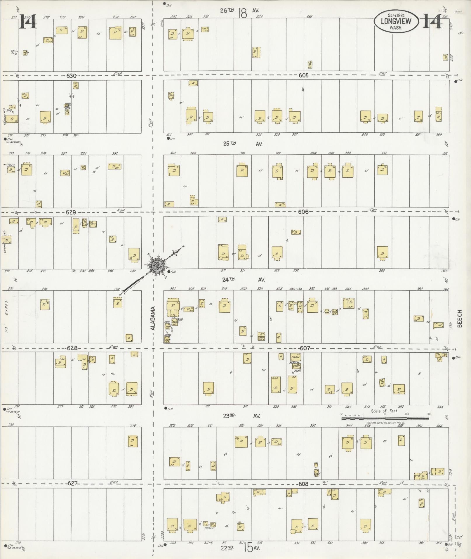 Sanborn Fire Insurance Map from Longview, Cowlitz County, Washington (1924), Sheet #0014 - Complete Map Set gallery image, historic Sanborn map, vintage wall art, Washington Washington