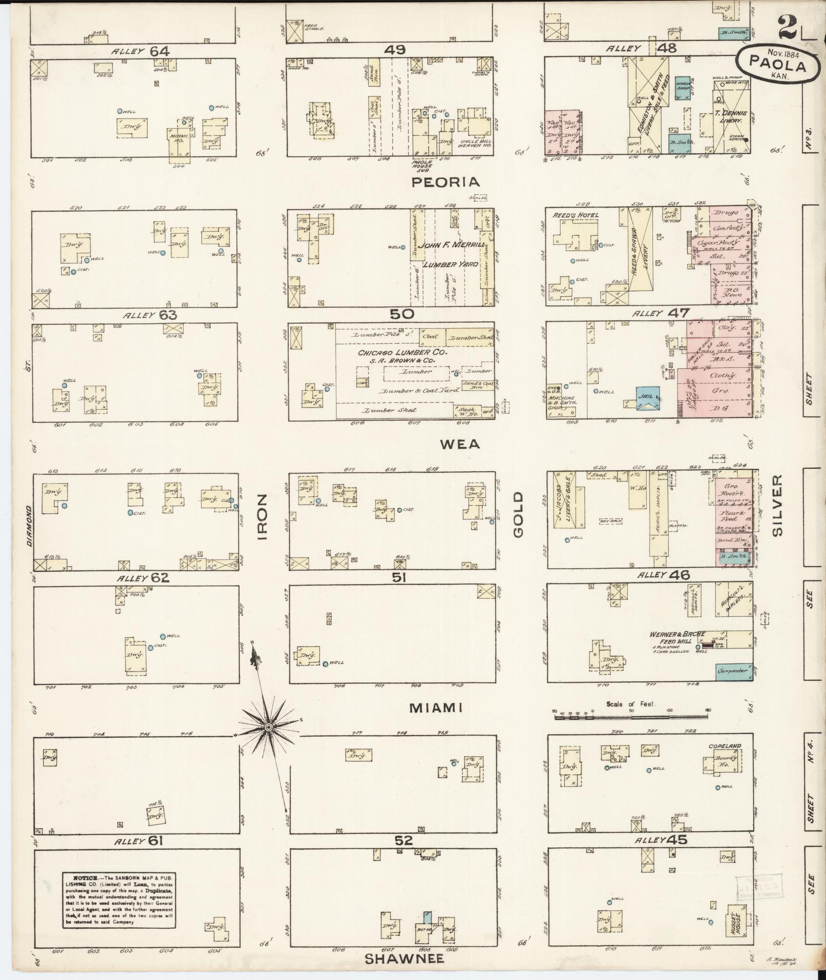 Sanborn Fire Insurance Map from Paola, Miami County, Kansas (1884), Sheet #0002 - Historic Sanborn Fire Insurance Map Print, vintage old map wall art, antique decor, genealogy gift, Kansas Kansas map