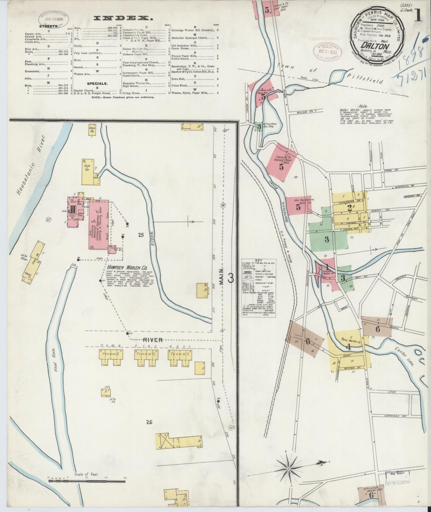 Sanborn Fire Insurance Map from Dalton, Berkshire County, Massachusetts (1898), Sheet #0001 - Complete Map Set gallery image, historic Sanborn map, vintage wall art, Massachusetts Massachusetts