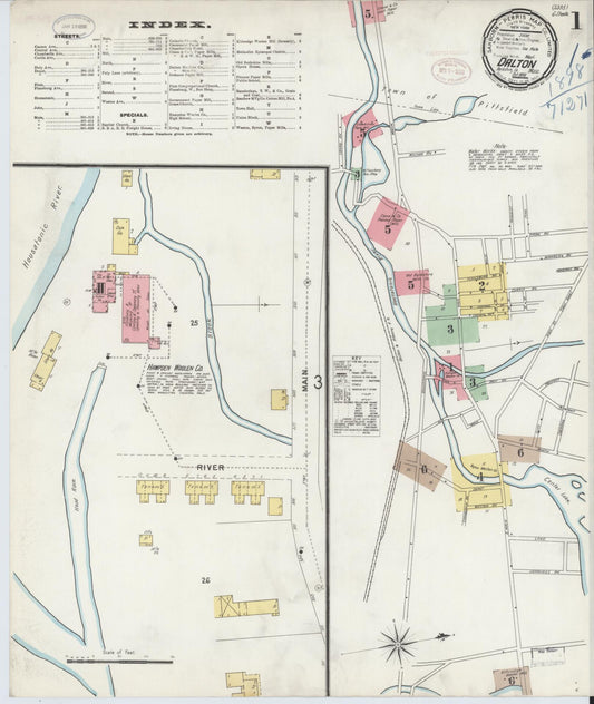 Sanborn Fire Insurance Map from Dalton, Berkshire County, Massachusetts (1898), Sheet #0001 - Complete Map Set gallery image, historic Sanborn map, vintage wall art, Massachusetts Massachusetts