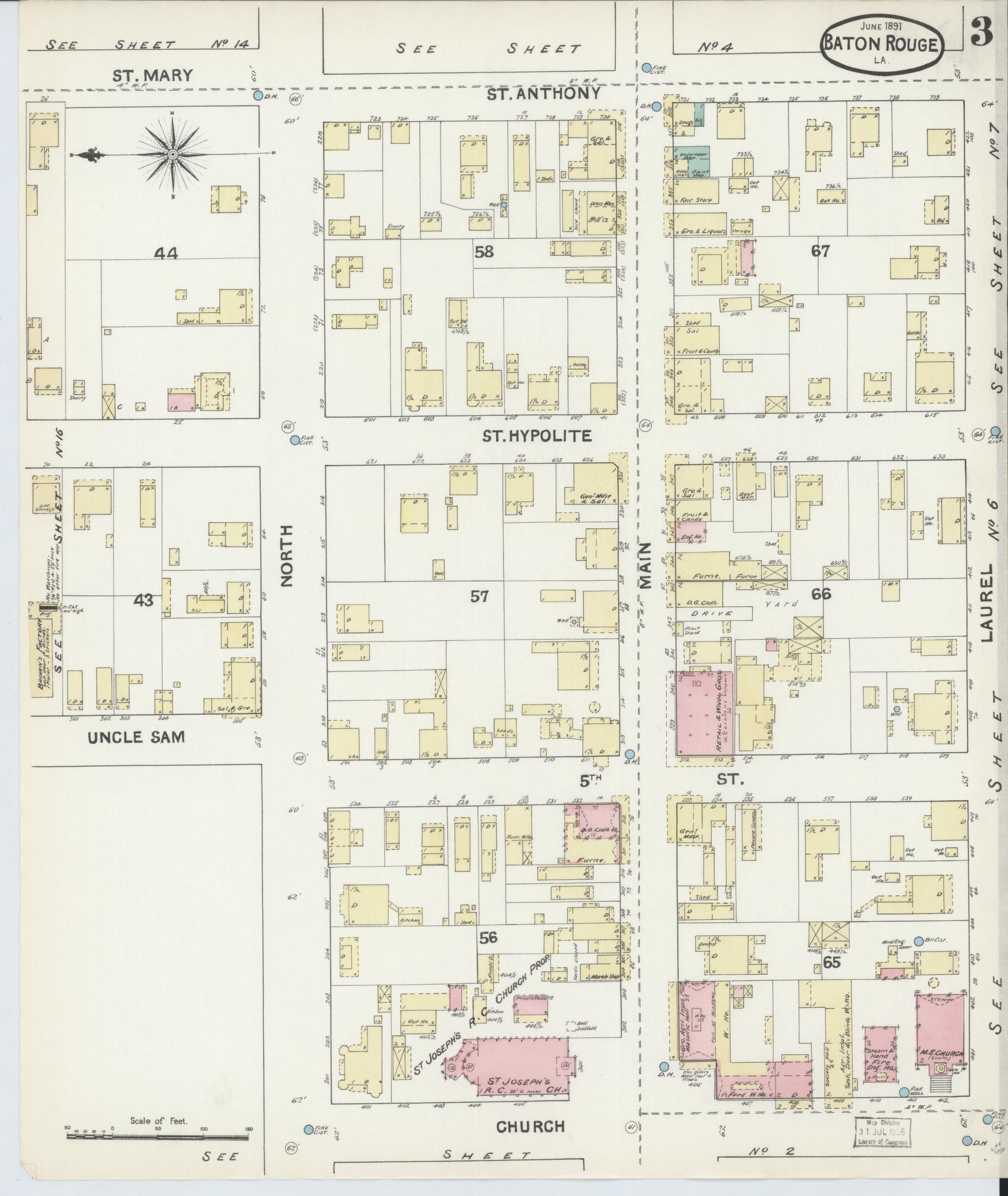 Sanborn Fire Insurance Map from Baton Rouge, East Baton Rouge Parish, Louisiana (1891), Sheet #0003 - Historic Sanborn Fire Insurance Map Print, vintage old map wall art, antique decor, genealogy gift, Louisiana Louisiana map