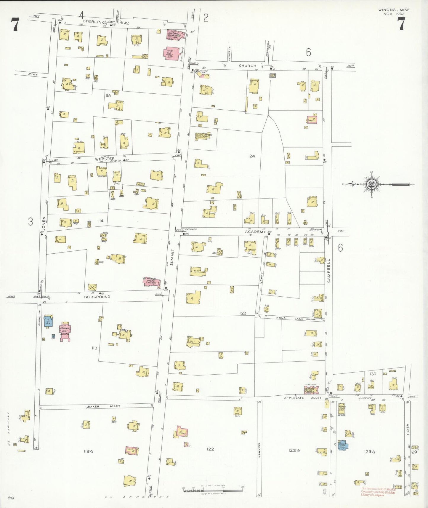 Sanborn Fire Insurance Map from Winona, Montgomery County, Mississippi (1932), Sheet #0007 - Complete Map Set gallery image, historic Sanborn map, vintage wall art, Mississippi Mississippi