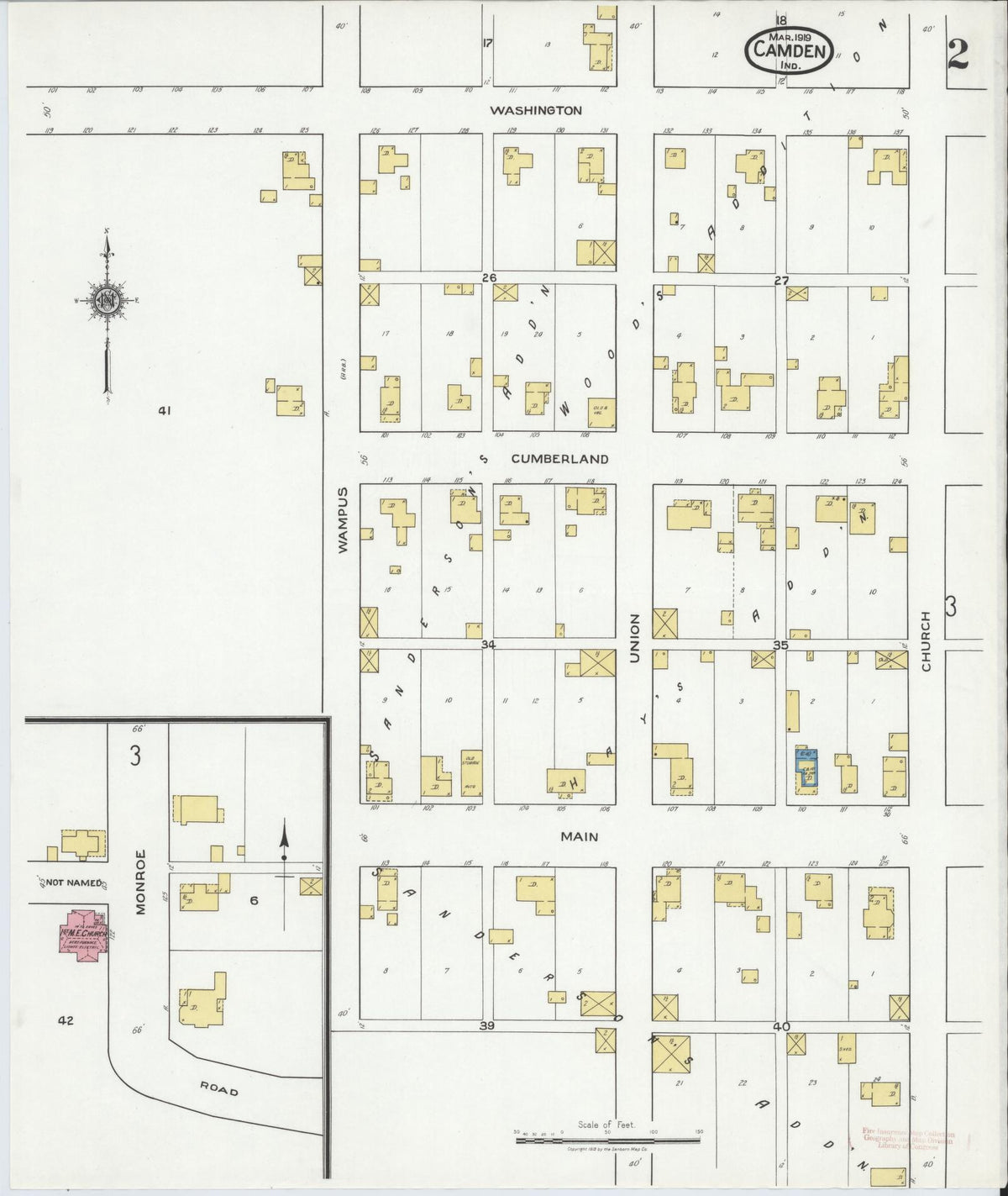 Sanborn Fire Insurance Map from Camden, Carroll County, Indiana (1919), Sheet #0002 - Historic Sanborn Fire Insurance Map Print, vintage old map wall art, antique decor, genealogy gift, Indiana Indiana map