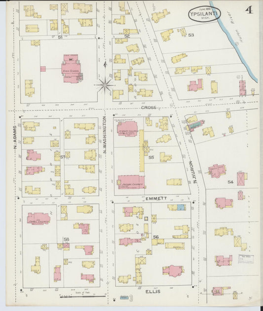 Sanborn Fire Insurance Map from Ypsilanti, Washtenaw County, Michigan (1893), Sheet #0004 - Historic Sanborn Fire Insurance Map Print, vintage old map wall art, antique decor, genealogy gift, Michigan Michigan map
