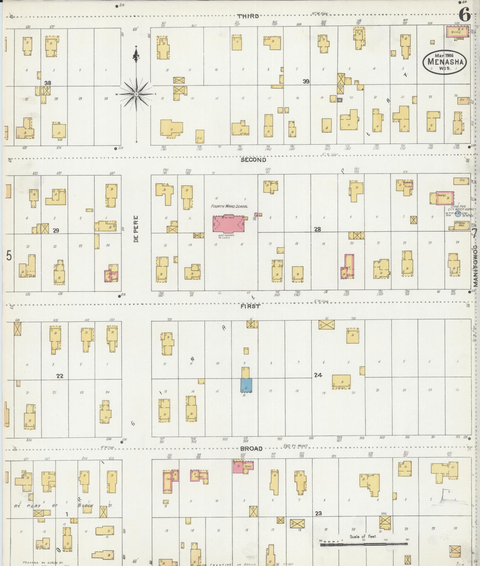 Sanborn Fire Insurance Map from Menasha, Winnebago County, Wisconsin (1906), Sheet #0006 - Historic Sanborn Fire Insurance Map Print, vintage old map wall art, antique decor, genealogy gift, Wisconsin Wisconsin map