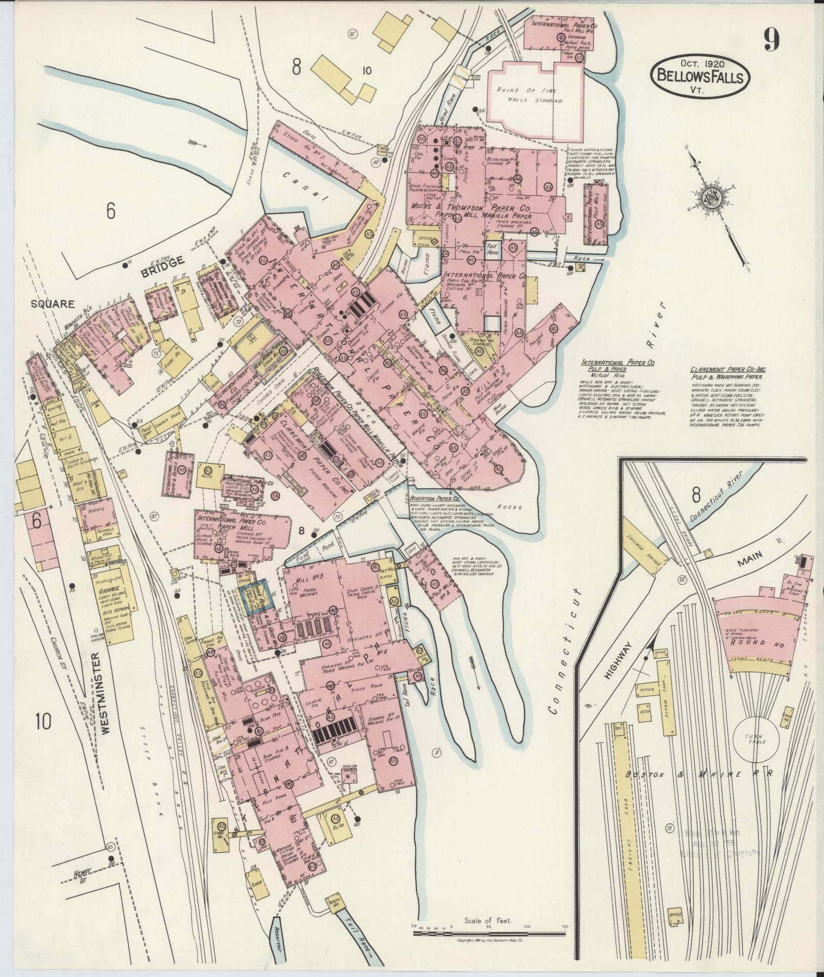 Sanborn Fire Insurance Map from Bellows Falls, Windham County, Vermont (1920), Sheet #0009 - Complete Map Set gallery image, historic Sanborn map, vintage wall art, Vermont Vermont