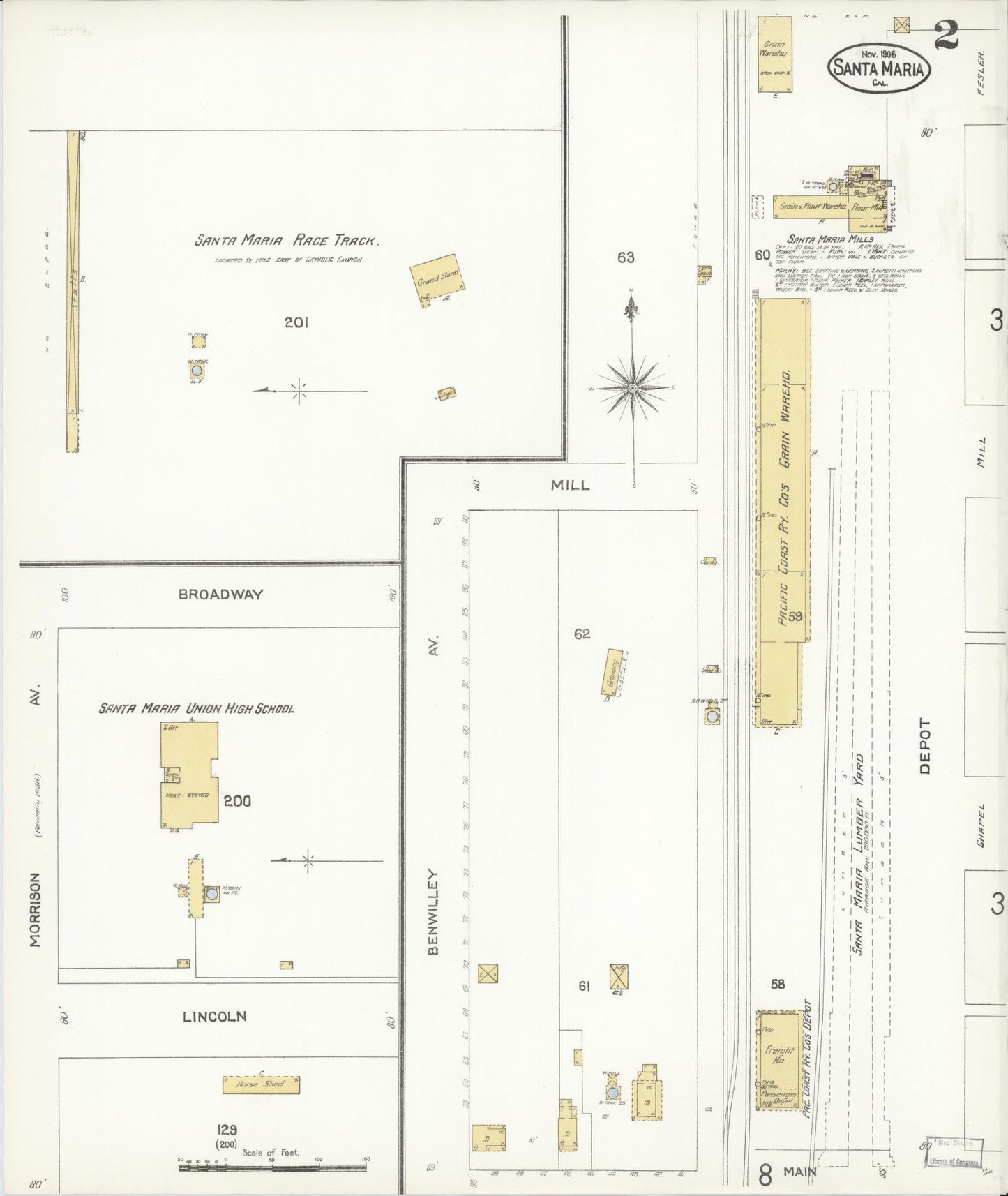 Sanborn Fire Insurance Map from Santa Maria, Santa Barbara County, California (1906), Sheet #0002 - Complete Map Set gallery image, historic Sanborn map, vintage wall art, California California