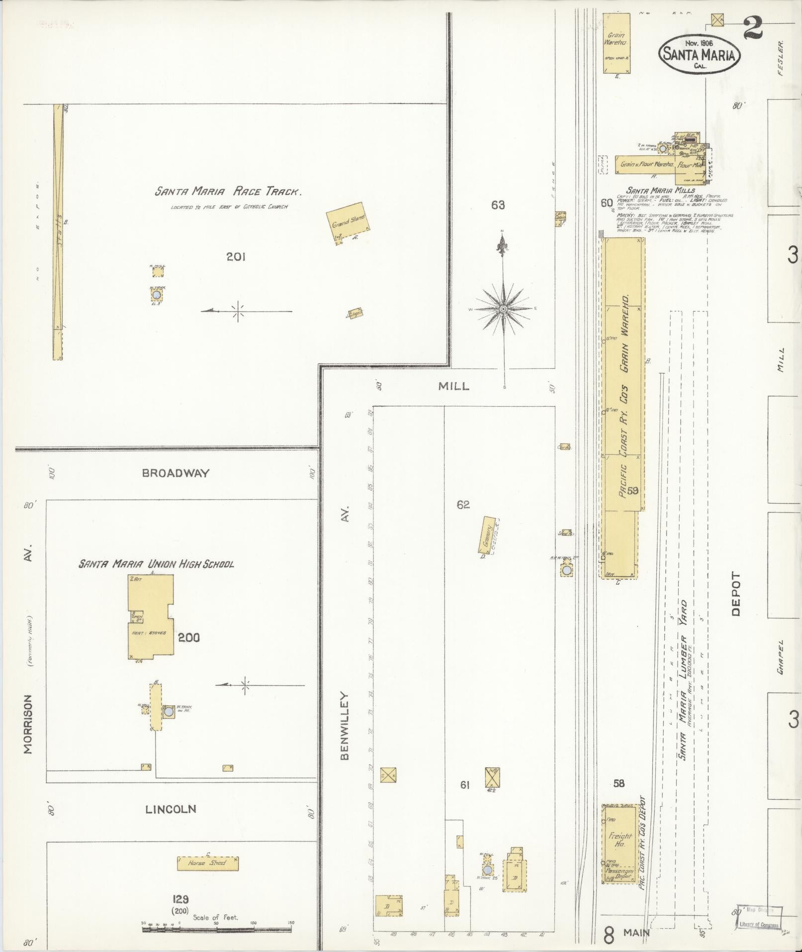 Sanborn Fire Insurance Map from Santa Maria, Santa Barbara County, California (1906), Sheet #0002 - Complete Map Set gallery image, historic Sanborn map, vintage wall art, California California