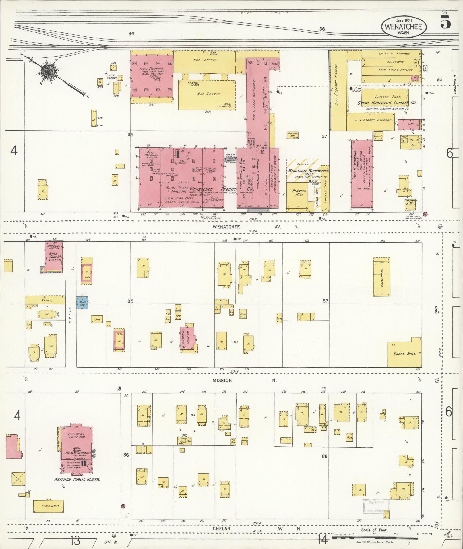 Sanborn Fire Insurance Map from Wenatchee, Chelan County, Washington (1921), Sheet #0005 - Complete Map Set gallery image, historic Sanborn map, vintage wall art, Washington Washington