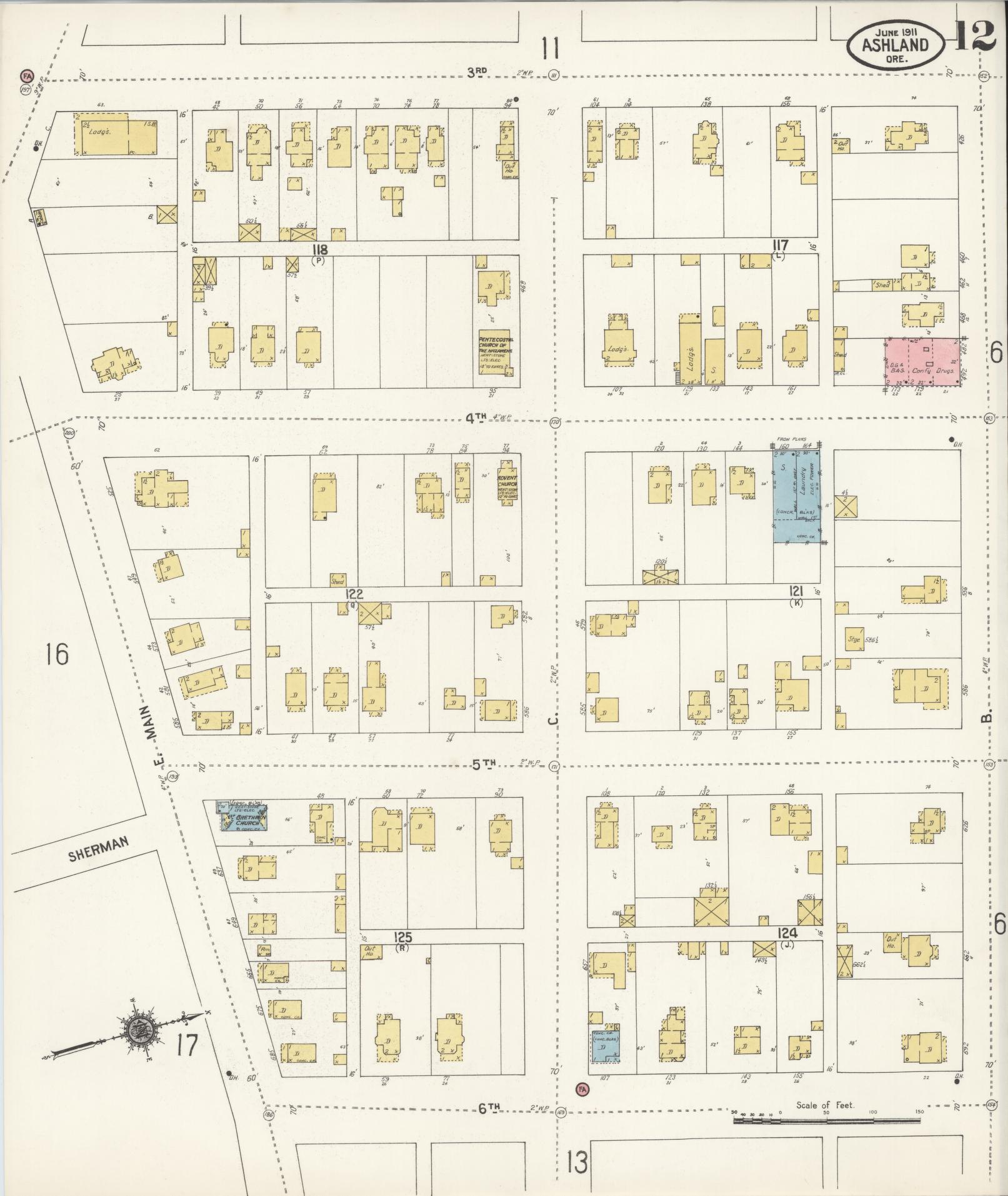 Sanborn Fire Insurance Map from Ashland, Jackson County, Oregon (1911), Sheet #0012 - Complete Map Set gallery image, historic Sanborn map, vintage wall art, Oregon Oregon