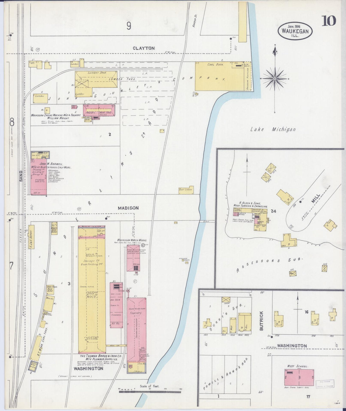 Sanborn Fire Insurance Map from Waukegan, Lake County, Illinois (1906), Sheet #0010 - Complete Map Set gallery image, historic Sanborn map, vintage wall art, Illinois Illinois