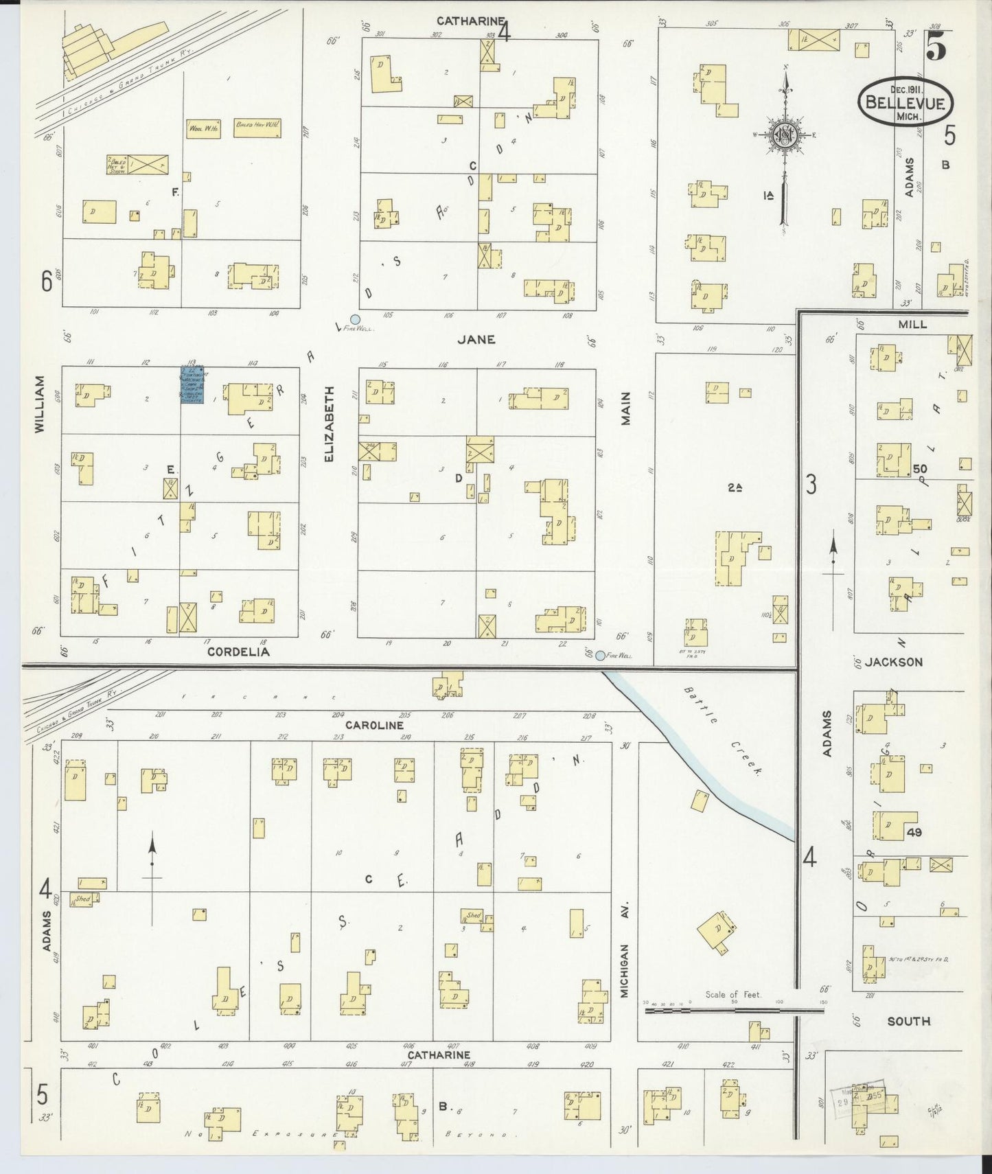 Sanborn Fire Insurance Map from Bellevue, Eaton County, Michigan (1911), Sheet #0005 - Historic Sanborn Fire Insurance Map Print, vintage old map wall art, antique decor, genealogy gift, Michigan Michigan map