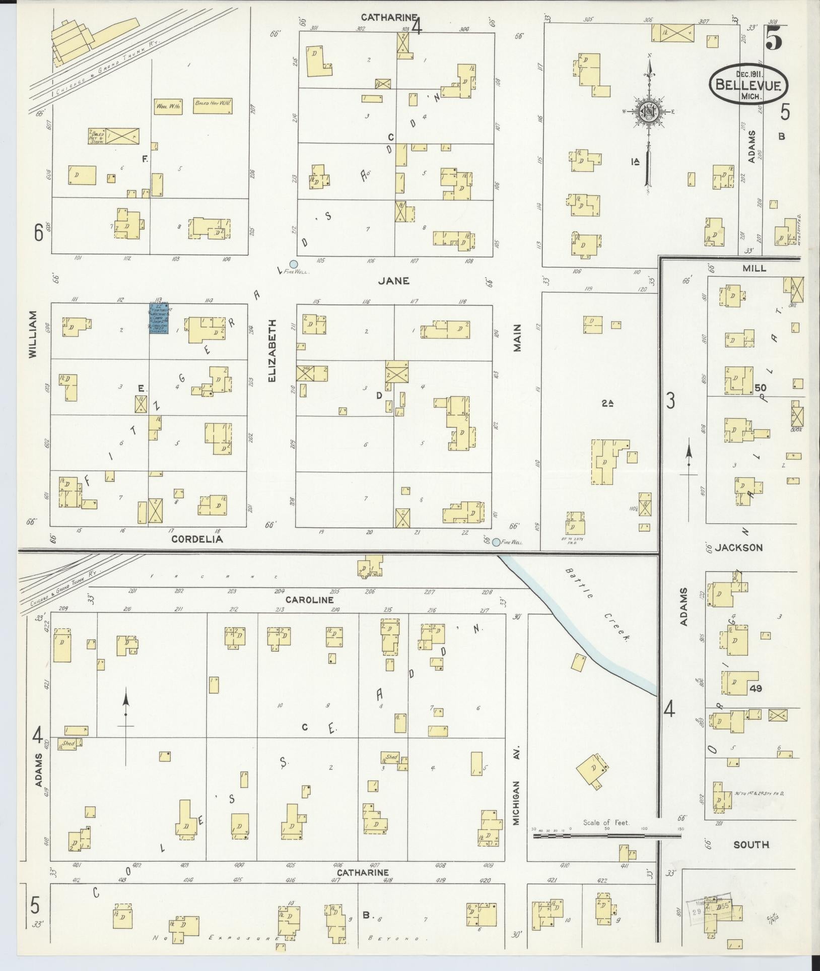 Sanborn Fire Insurance Map from Bellevue, Eaton County, Michigan (1911), Sheet #0005 - Historic Sanborn Fire Insurance Map Print, vintage old map wall art, antique decor, genealogy gift, Michigan Michigan map