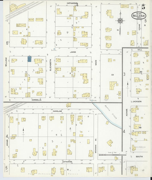 Sanborn Fire Insurance Map from Bellevue, Eaton County, Michigan (1911), Sheet #0005 - Historic Sanborn Fire Insurance Map Print, vintage old map wall art, antique decor, genealogy gift, Michigan Michigan map