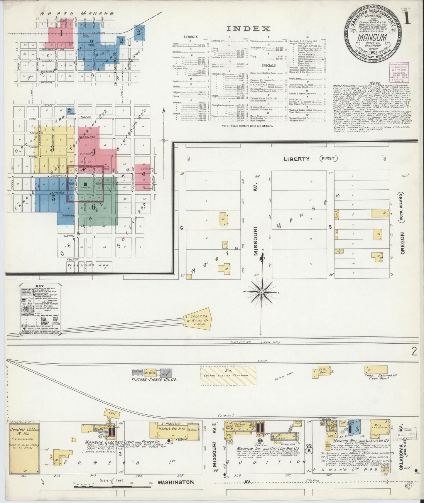 Sanborn Fire Insurance Map from Mangum, Greer County, Oklahoma (1907), Sheet #0001 - Historic Sanborn Fire Insurance Map Print, vintage old map wall art, antique decor, genealogy gift, Oklahoma Oklahoma map