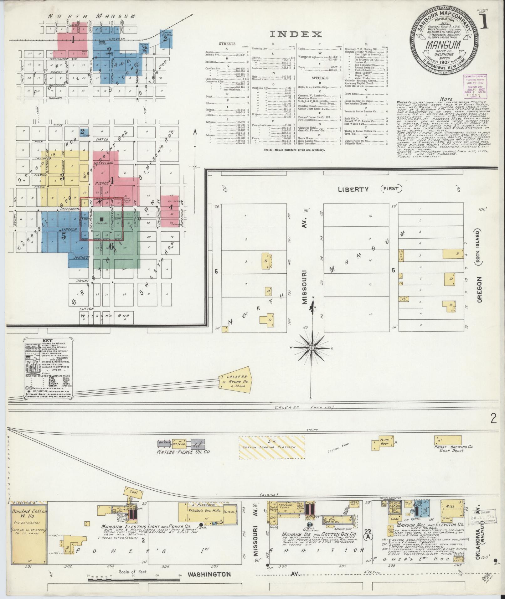 Sanborn Fire Insurance Map from Mangum, Greer County, Oklahoma (1907), Sheet #0001 - Historic Sanborn Fire Insurance Map Print, vintage old map wall art, antique decor, genealogy gift, Oklahoma Oklahoma map