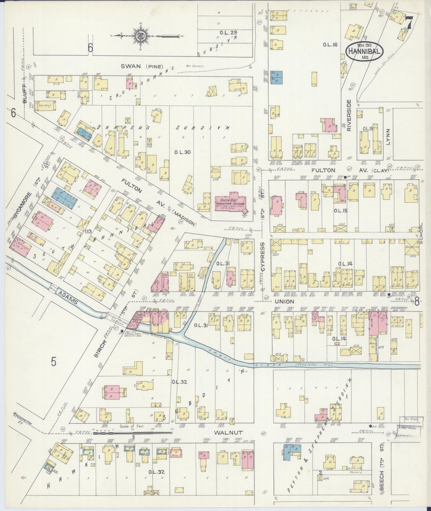 Sanborn Fire Insurance Map from Hannibal, Marion County, Missouri (1913), Sheet #0007 - Historic Sanborn Fire Insurance Map Print, vintage old map wall art, antique decor, genealogy gift, Missouri Missouri map