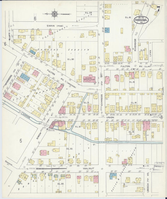 Sanborn Fire Insurance Map from Hannibal, Marion County, Missouri (1913), Sheet #0007 - Historic Sanborn Fire Insurance Map Print, vintage old map wall art, antique decor, genealogy gift, Missouri Missouri map
