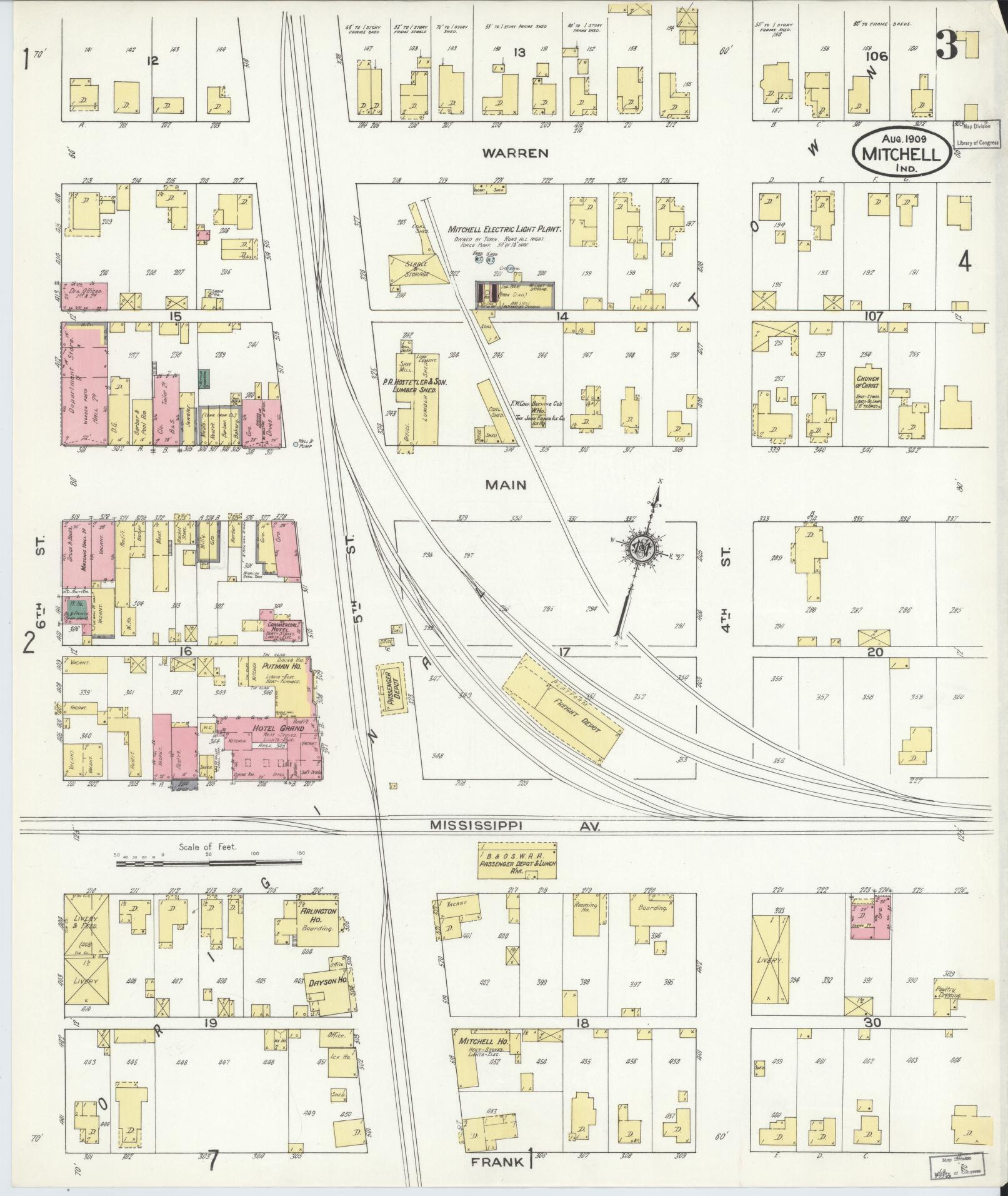 Sanborn Fire Insurance Map from Mitchell, Lawrence County, Indiana (1909), Sheet #0003 - Historic Sanborn Fire Insurance Map Print, vintage old map wall art, antique decor, genealogy gift, Indiana Indiana map