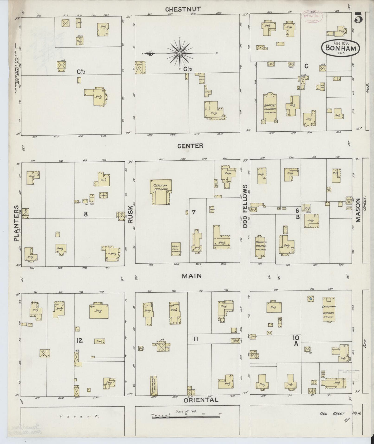 Sanborn Fire Insurance Map from Bonham, Fannin County, Texas (1888), Sheet #0005 - Historic Sanborn Fire Insurance Map Print, vintage old map wall art, antique decor, genealogy gift, Texas Texas map