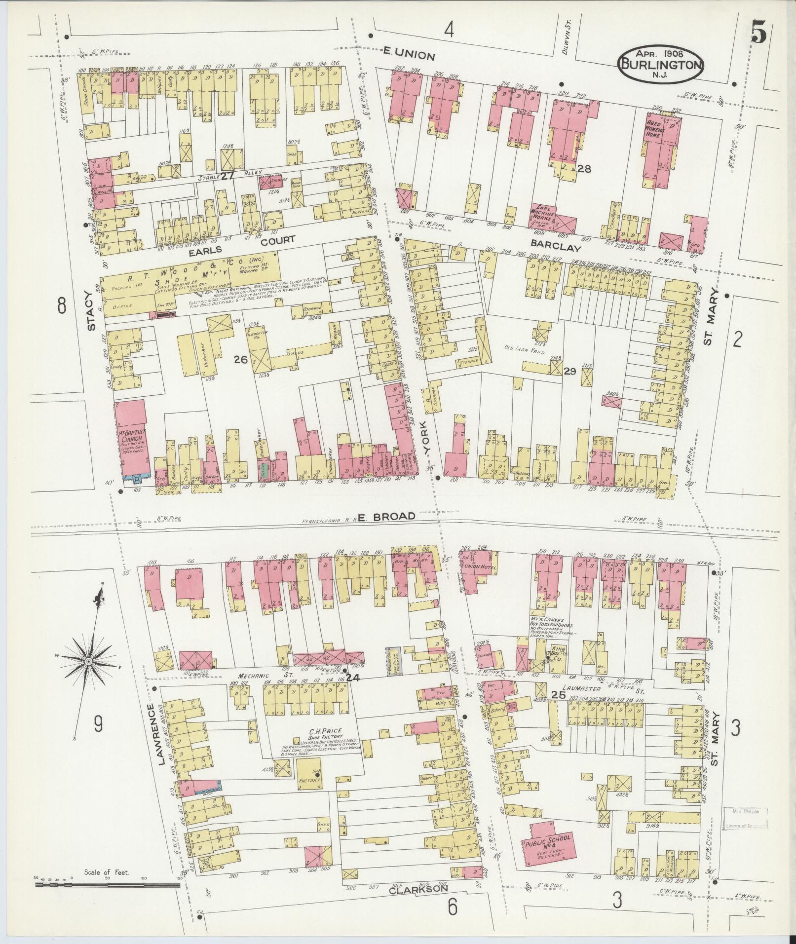 Sanborn Fire Insurance Map from Burlington, Burlington County, New Jersey (1908), Sheet #0004 - Complete Map Set gallery image, historic Sanborn map, vintage wall art, New Jersey New Jersey