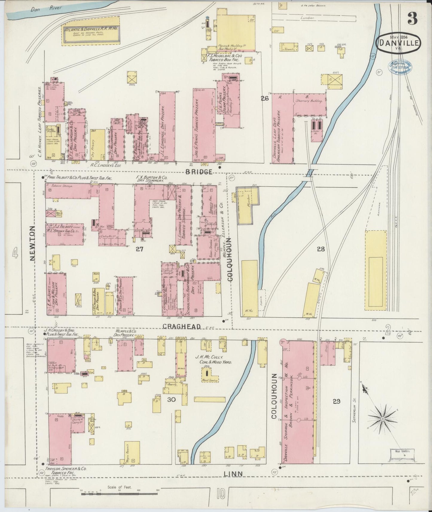 Sanborn Fire Insurance Map from Danville, Independent Cities, Virginia (1894), Sheet #0003 - Complete Map Set gallery image, historic Sanborn map, vintage wall art, Virginia Virginia