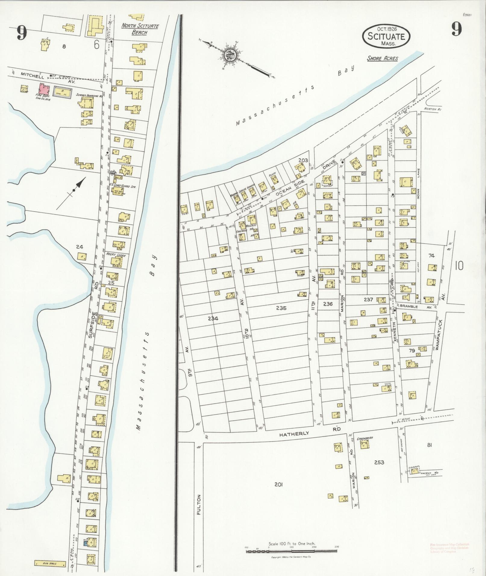 Sanborn Fire Insurance Map from Scituate, Plymouth County, Massachusetts (1926), Sheet #0009 - Historic Sanborn Fire Insurance Map Print, vintage old map wall art, antique decor, genealogy gift, Massachusetts Massachusetts map
