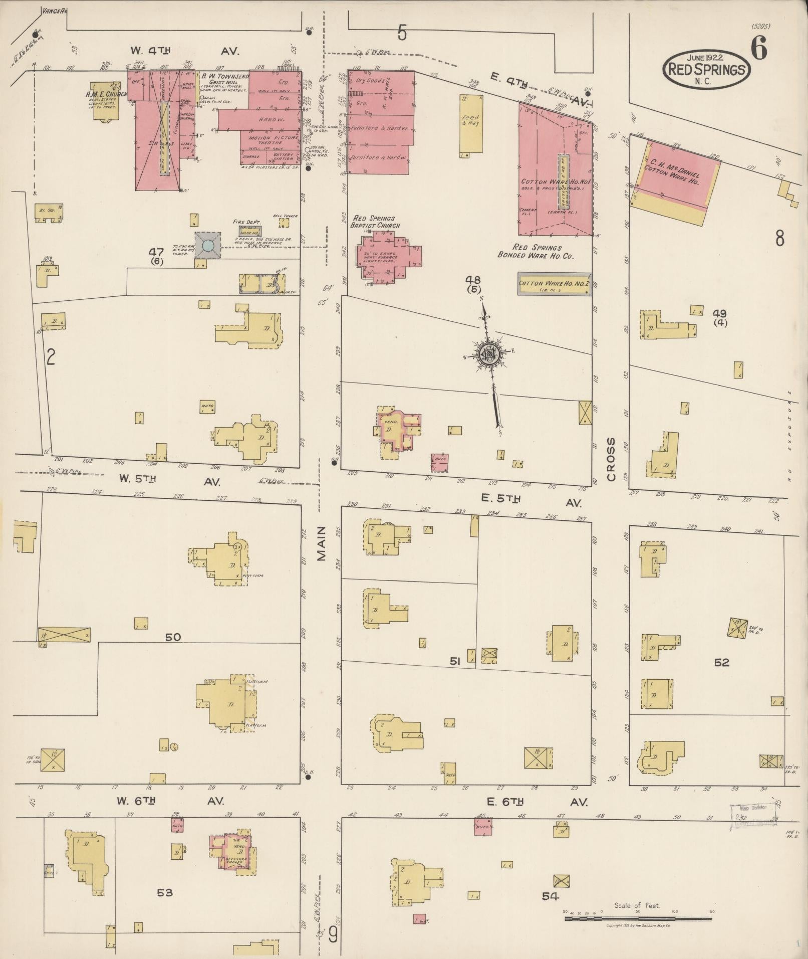 Sanborn Fire Insurance Map from Red Springs, Robeson County, North Carolina (1922), Sheet #0006 - Historic Sanborn Fire Insurance Map Print, vintage old map wall art, antique decor, genealogy gift, North Carolina North Carolina map
