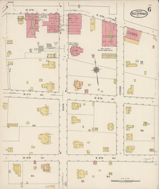 Sanborn Fire Insurance Map from Red Springs, Robeson County, North Carolina (1922), Sheet #0006 - Historic Sanborn Fire Insurance Map Print, vintage old map wall art, antique decor, genealogy gift, North Carolina North Carolina map