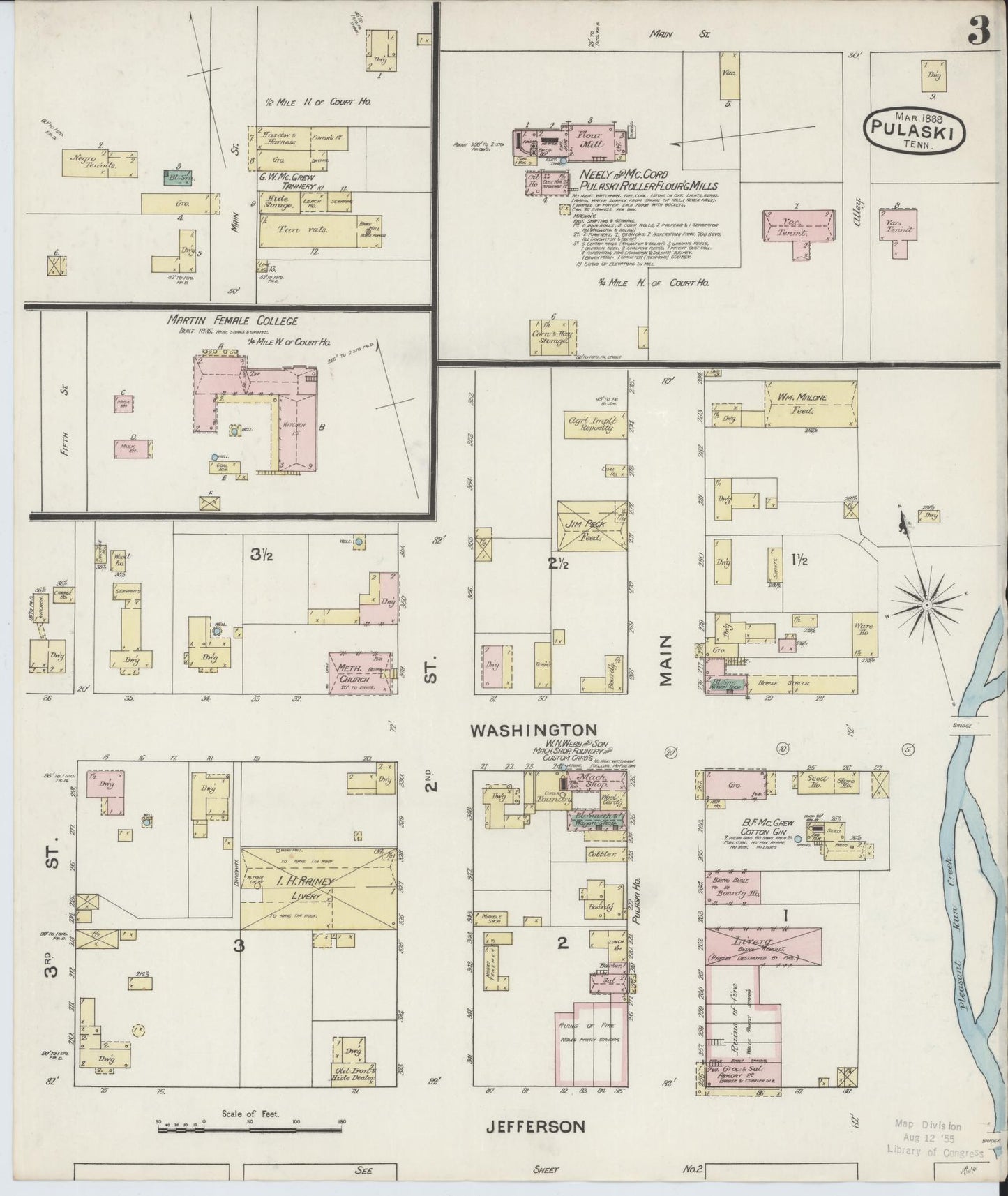 Sanborn Fire Insurance Map from Pulaski, Giles County, Tennessee (1888), Sheet #0003 - Complete Map Set gallery image, historic Sanborn map, vintage wall art, Tennessee Tennessee