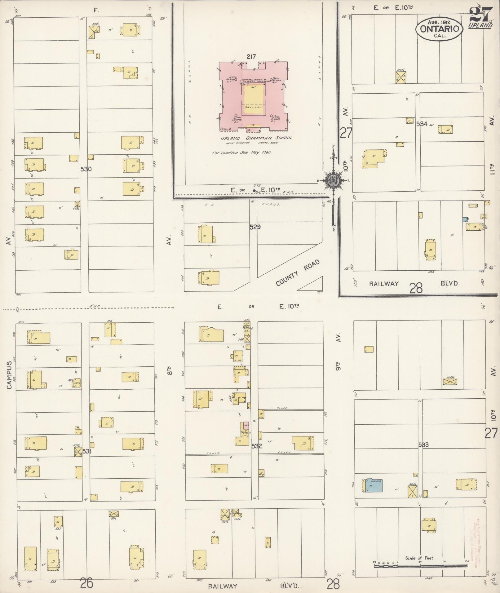 Sanborn Fire Insurance Map from Ontario, San Bernardino County, California (1912), Sheet #0027 - Historic Sanborn Fire Insurance Map Print, vintage old map wall art, antique decor, genealogy gift, California California map
